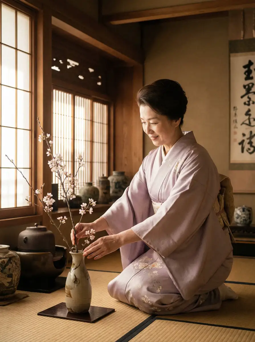 一位优雅的 豆花视频-高清视频|视频资源 在和室中插花